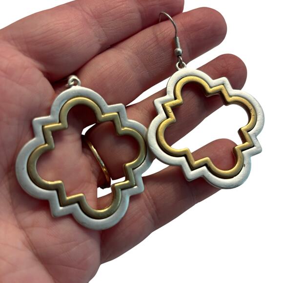 Pierced earrings brushed nickel & goldtone drop dangle fashion statement jewelry - Picture 4 of 8